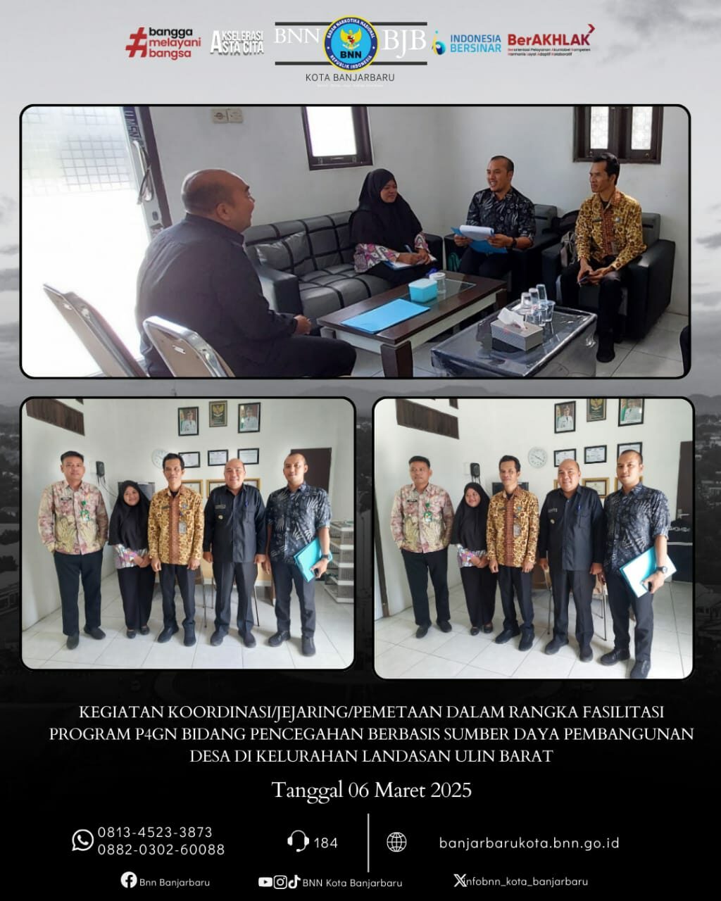 Bidang P2M BNN Kota Banjarbaru - Melaksanakan Koordinasi/Jejaring/Pemetaan dalam Rangka Fasilitasi Program P4GN Bidang Pencegahan Berbasis Sumber Daya Pembangunan Desa di Kelurahan Landasan Ulin Barat Bidang P2M BNN Kota Banjarbaru – Melaksanakan Koordinasi/Jejaring/Pemetaan dalam Rangka Fasilitasi Program P4GN Bidang Pencegahan Berbasis Sumber Daya Pembangunan Desa di Kelurahan Landasan Ulin Barat